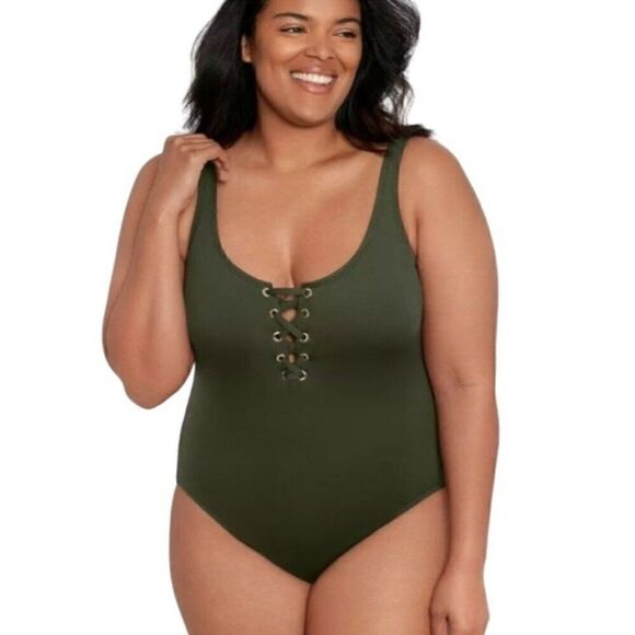 Ralph Lauren One-Piece Swimsuit Beach Club Solids Lace Front Swimwear Olive 22W - Picture 10 of 13